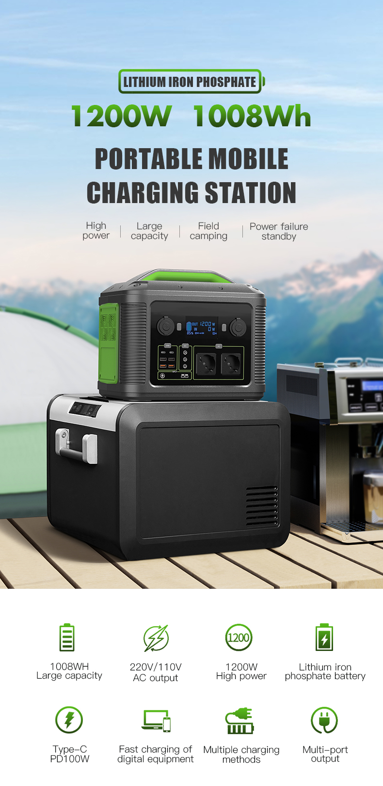 CPS-1200W Aumoon Power Station 1200W 110V 220V LiFePO4 Portable Outdoor Solar Generator Support Fast Charging PD100W with Panels