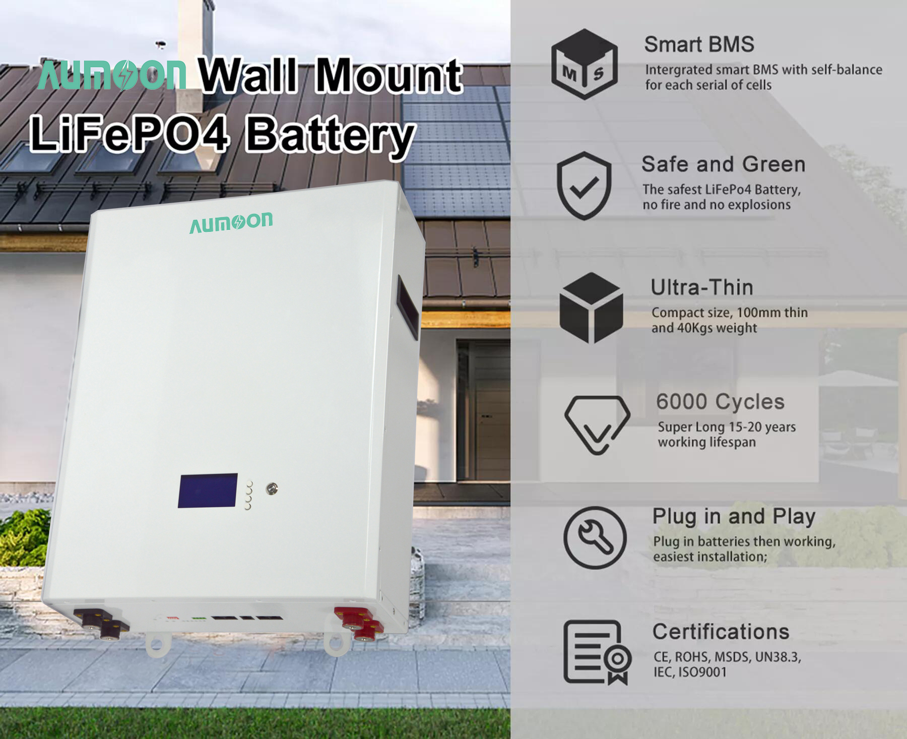 PW48 Aumoon Power Wall Home Lifepo4 Battery Solar Energy Storage System Wall mounted Lithium Batteries Lifepo4 48V 100A 200A Batteries